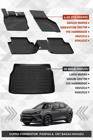 Sahler Cupra Formentor Mild Hybrid 2024+ Uyumlu 4.5D Premium Havuzlu Oto Paspas ve Liner Marka 3D ÜST Bagaj Havuzu ürün görseli