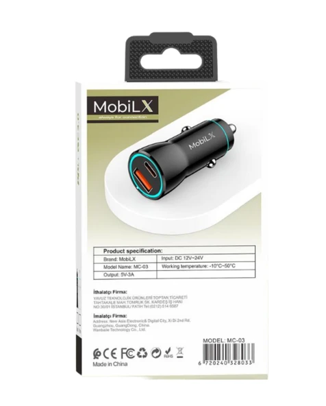 MobiLX MC-03 38W PD + QC3.0 Metal Araç Şarj Cihazı – USB & Type-C Hızlı Çakmaklık Adaptörü - 3