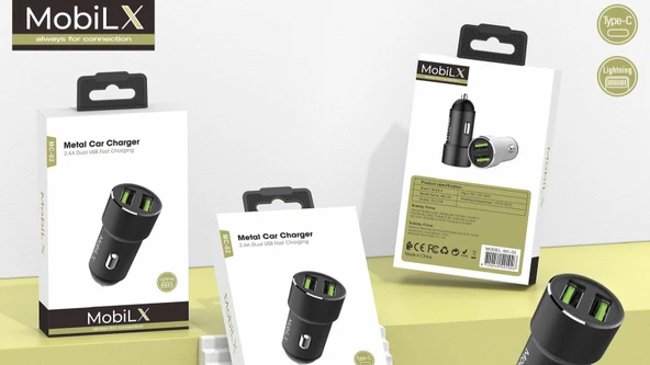 MobiLX MC-02 2.4A Çift USB Portlu Metal Araç Şarj Cihazı | Type-C ve Lightning Kablo Uyumlu – Siyah - 5