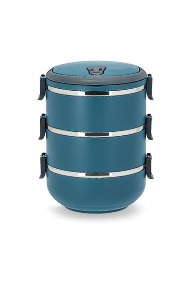 Penguen kulplu çelik sefer tası - yemek termosu saklama kabı 3 katlı antrasit mavi ürün görseli 1