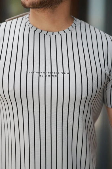 Erkek Dikey çizgili Ottoman Kumaş Kısa Kollu Tişört - Resim 3
