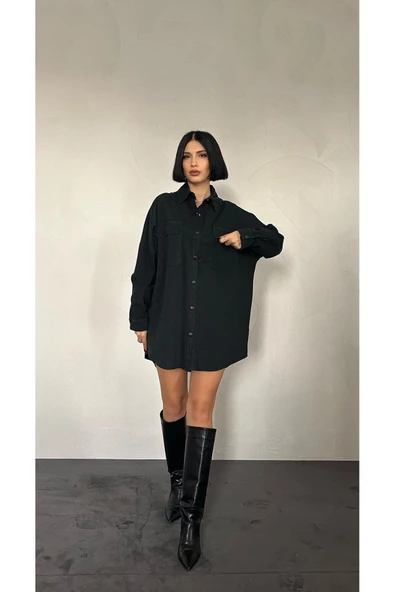 Siyah Çift Cep Kapaklı Çıtçıtlı Gömlek - 2