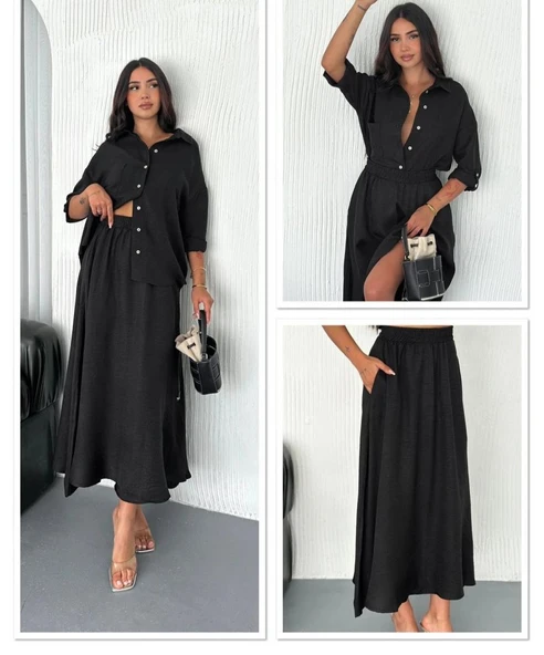 Kadın Keten Kumaş Gömlek Ve Etek Ikili Takim - Resim 10