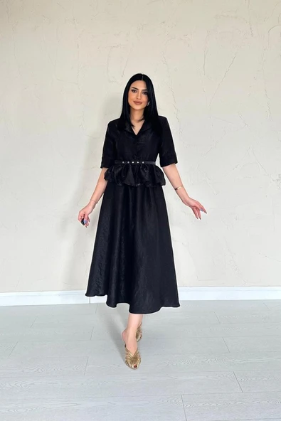 Siyah İnce Kemerli Fırfırlı Ceket Ve Büzgülü Etek Takım ürün görseli