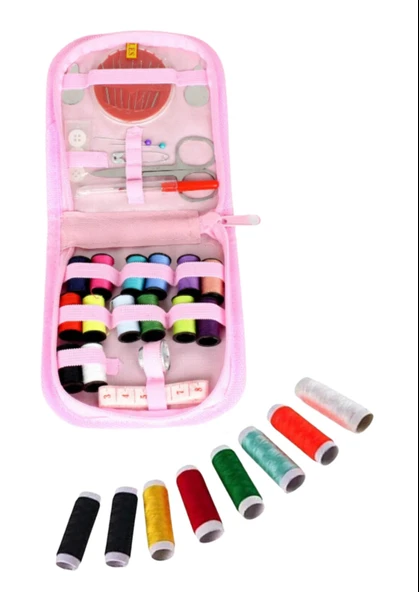 İplik Set Fermuarlı Plastik Dikiş Seti Pembe ürün görseli