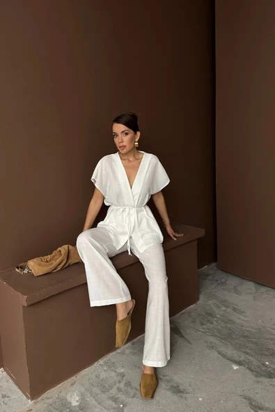 KETEN V YAKA BELDEN BAĞLAMALI BLUZ-PANTOLON TAKIM - Beyaz ürün görseli