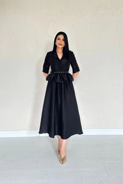 Siyah İnce Kemerli Fırfırlı Ceket Ve Büzgülü Etek Takım - Resim 3