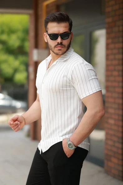 Erkek Kısa Kollu çizgili Gömlek - 2