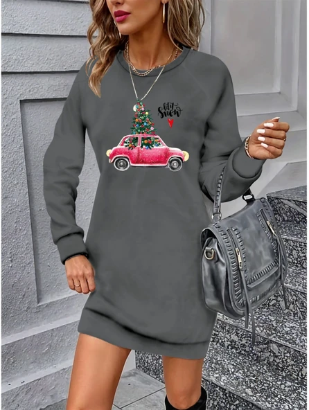 Kadın Uzun Kollu Bisiklet Yaka Desenli Viskon Iki Iplik Elbise ürün görseli