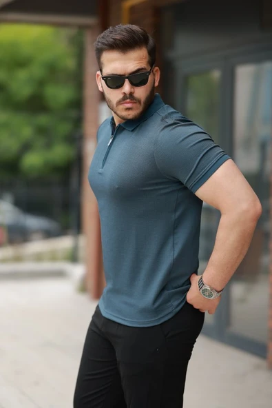 Erkek Fermuarlı Yaka Kısa Kollu Tişört - Resim 2