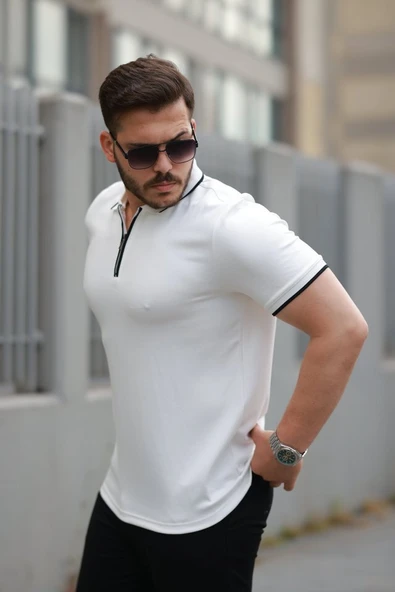 Erkek Fermuar Yakalı çizgi Detaylı Kısa Kollu Tişört - Resim 2