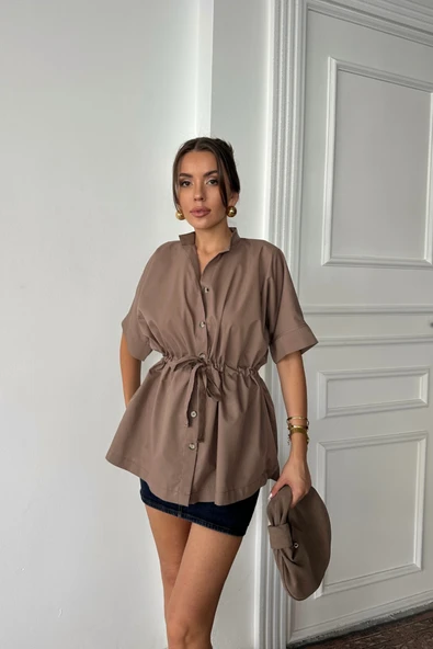 BEL BÜZGÜ DETAYLI POPLİN GÖMLEK - Kahverengi ürün görseli