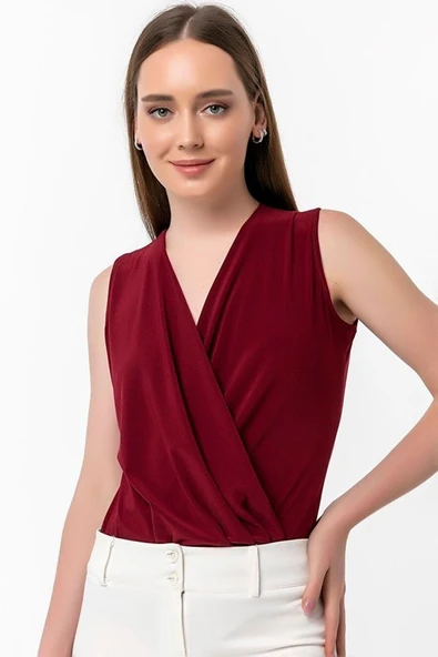 Kadın Sendy Kumaş Kruvaze Yaka Vatkalı Bluz - Resim 5