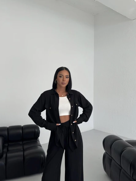 Düğmeli̇ Cepli̇ Keten İki̇li̇ Takim - Resim 3