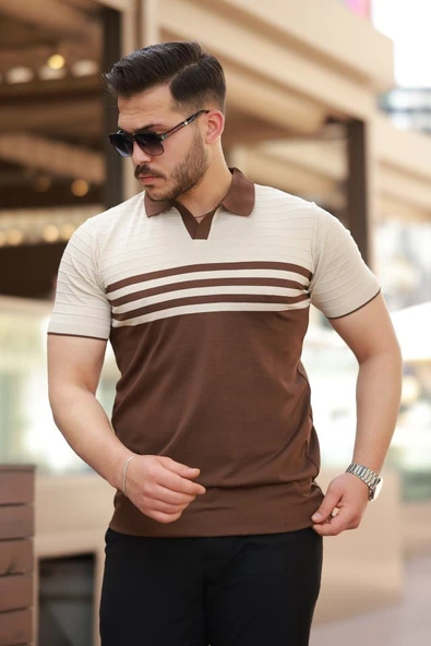 Erkek çizgi Desenli Yakalı Kısa Kollu T-shirt - 1
