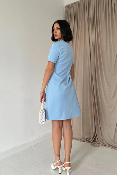 Mavi Kısa Kol Atlas Mini Elbise - Resim 4