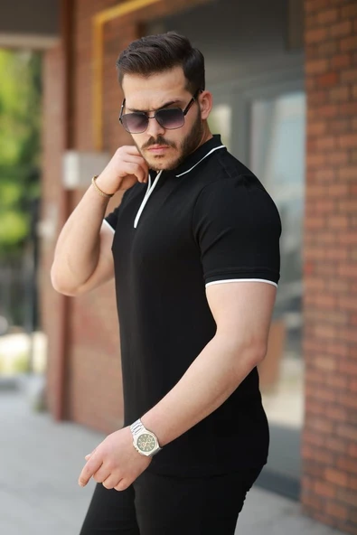 Erkek Fermuar Yakalı çizgi Detaylıkısa Kollu Tişört - Resim 2