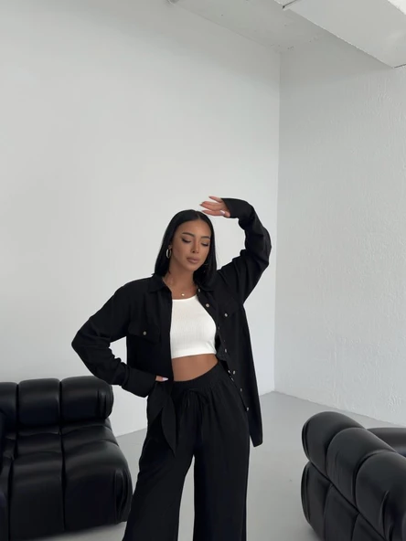 Düğmeli̇ Cepli̇ Keten İki̇li̇ Takim - Resim 4