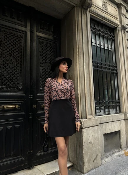 Kadın Uzun Kollu Kruvaze Yaka Krep Mini Boy Elbise - Resim 4