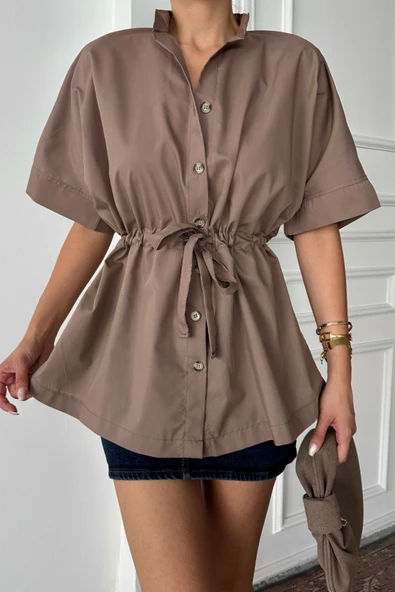 BEL BÜZGÜ DETAYLI POPLİN GÖMLEK - Kahverengi - Resim 2