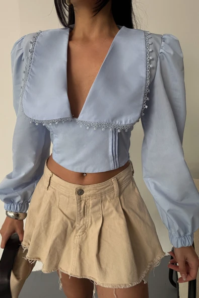 CROP POPLİN GÖMLEK YAKA KENAR DANTEL DETAYLI - Bebe Mavi - 2