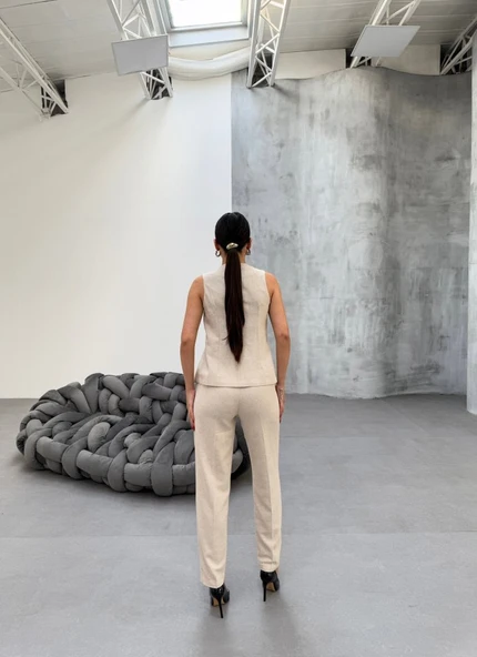 Ti̇na Asi̇metri̇k Keten Yelek Pantolon Takim - Resim 2