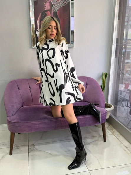 Kadın Uzun Kollu Yarı Balıkçı Yaka Desenli Kısa Dalgıç Elbise - Resim 6