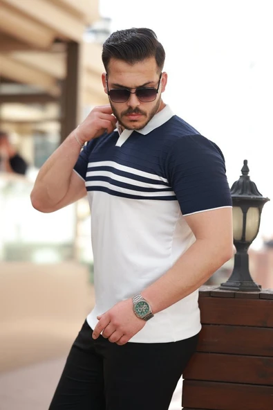 Erkek çizgi Desenli Yakalı Kısa Kollu T-shirt - Resim 2