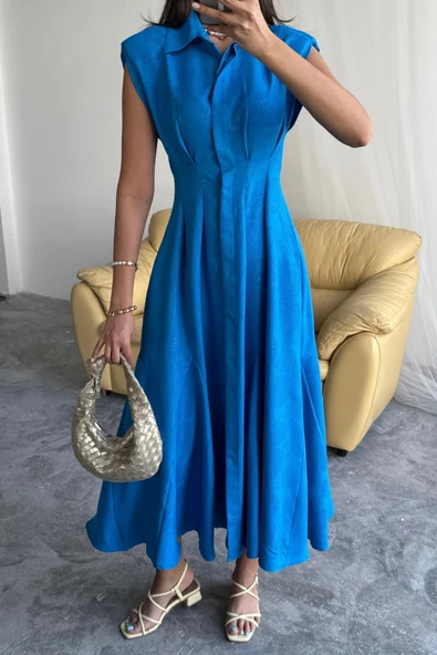 JAKARLI KETEN ELBİSE ÖNDEN YIRTMAÇLI CEPLİ - Saks - Resim 3