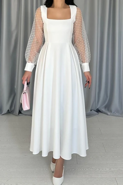 Beyaz Kolları Organze Kuplu Elbise - Resim 3