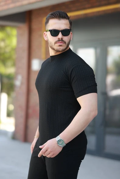 Erkek Bisiklet Yaka örgü Desenli Kısa örme Triko Kısa Kollu T-shirt - Resim 2