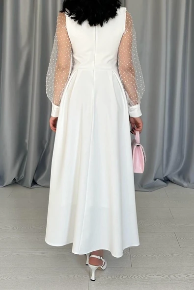 Beyaz Kolları Organze Kuplu Elbise - Resim 4