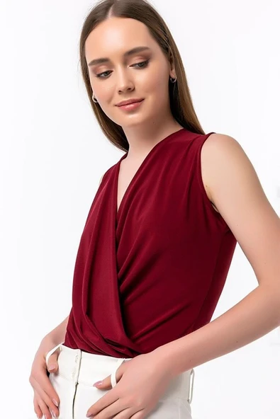 Kadın Sendy Kumaş Kruvaze Yaka Vatkalı Bluz - Resim 3