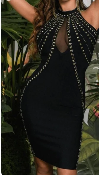 Kadın Dalgıç Kumaş Taş Detaylı Mini Boy Elbise - Resim 4