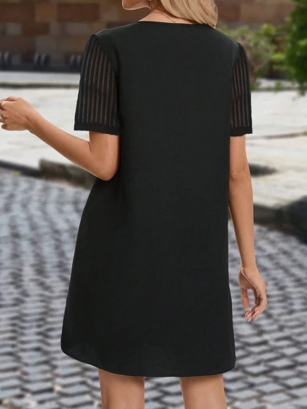 Kadın Kısa Kollu V Yakalı Kısa Janjan Krep Elbise - Resim 2