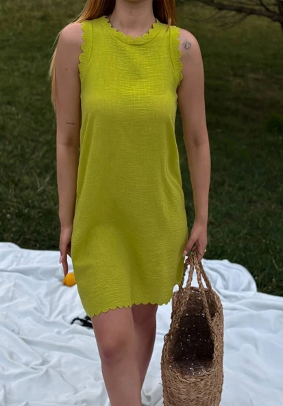 Kadın Keten Kumaş Kolsuz Mini Boy Elbise ürün görseli