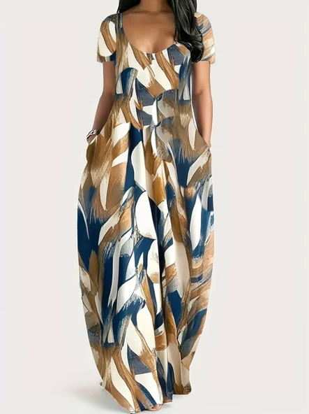 Kadın Kısa Kollu Yuvarlak Yaka Cepli Salaş Baskılı Süprem Elbise - Resim 3