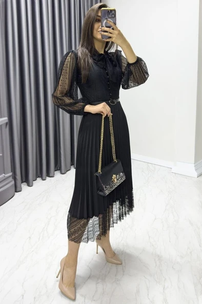 Kadın Denim Kumaş Dantel Detay Pileseli Elbise - Resim 3