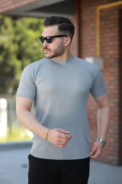 Erkek Bisiklet Yaka örgü Desenli Kısa örme Triko Kısa Kollu T-shirt - 1