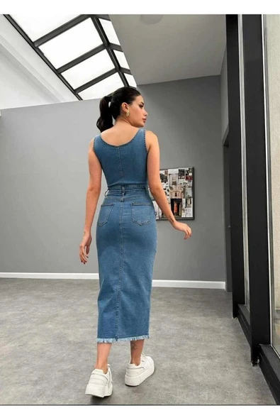 Mavi Likralı Kot Jile Elbise - Resim 3