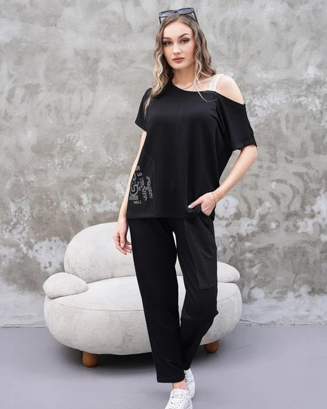 Kadın Kayık Yaka Baskı Detay Salaş Bluz Ve Yüksek Bel Pantolon Ikili Takım - Resim 3