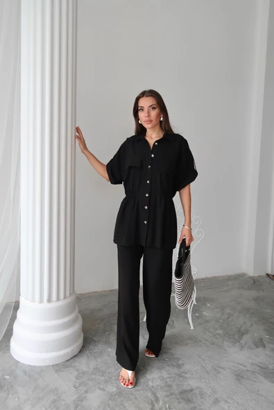 KETEN BELDEN BÜZGÜ DETAYLI GÖMLEK - PANTOLON TAKIM - Siyah ürün görseli