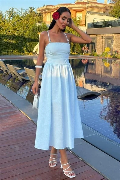 Sırtı Çapraz İpli Boncuk Detaylı Elbise 2902-08 ürün görseli