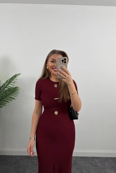 Kadın Ottoman Kumaş Likralı Düğme Tasarımlı Kısa Kol Kalem Elbise - Resim 8