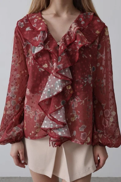 Volanlı Çiçek Desen Şifon Gömlek - Bordo - Resim 3