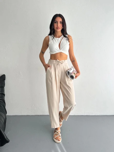 Yüksel Bel Rahat Paça Pantalon - Kırık Beyaz - Resim 6