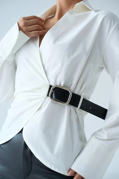 Kemerli Gömlek - Ekru - Resim 3