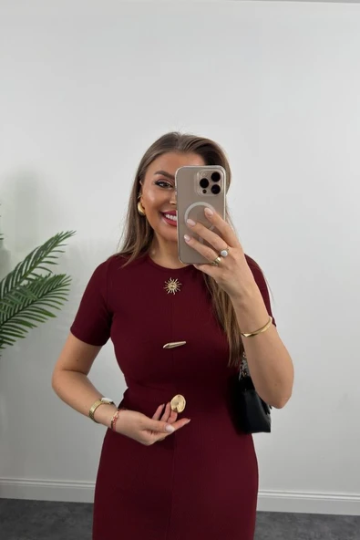 Kadın Ottoman Kumaş Likralı Düğme Tasarımlı Kısa Kol Kalem Elbise - Resim 2