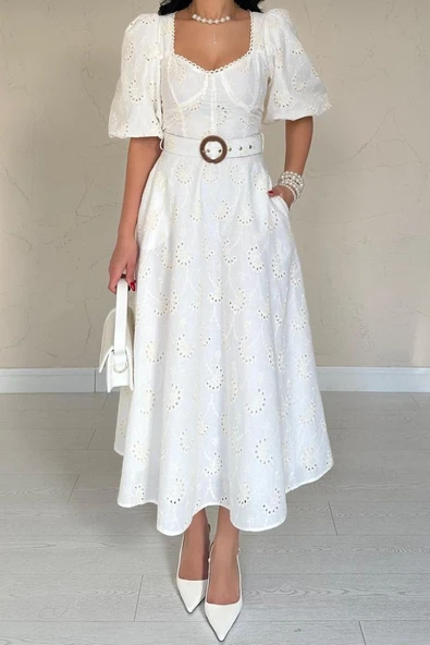 Ekru Göğüs Kup Detaylı Kemerli Brode Elbise - Resim 3