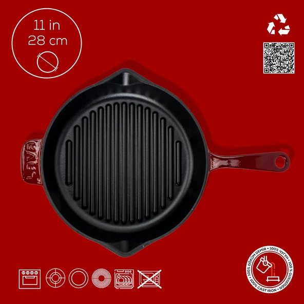 Lava Döküm Yuvarlak Izgara Tava Döküm Demir Yekpare Saplı Çap(Ø)28cm.Bordo - Resim 4